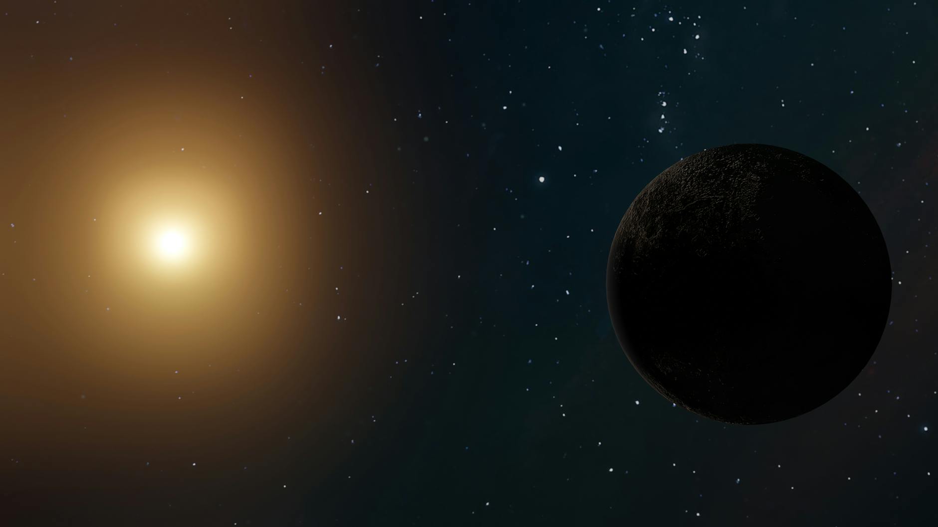 A celestial scene with a glowing star and a distant planet against a starry background.