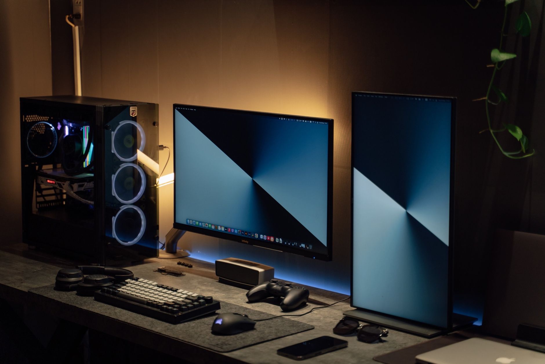 Dual-monitor PC gaming setup on a desk