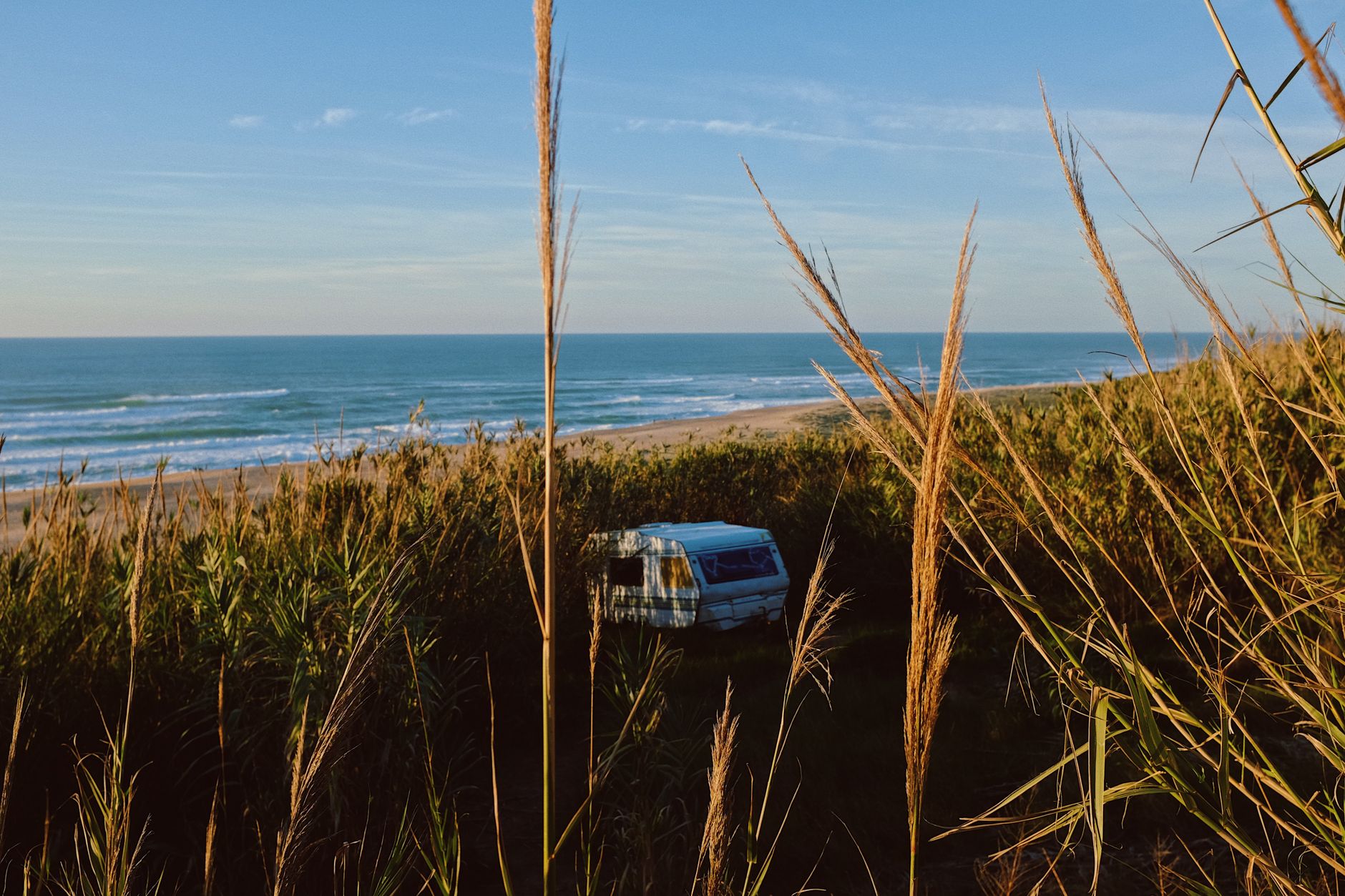 Campervan parked among coastal grasses beside the sea; illustrative travel photograph, with no Starlink equipment shown.