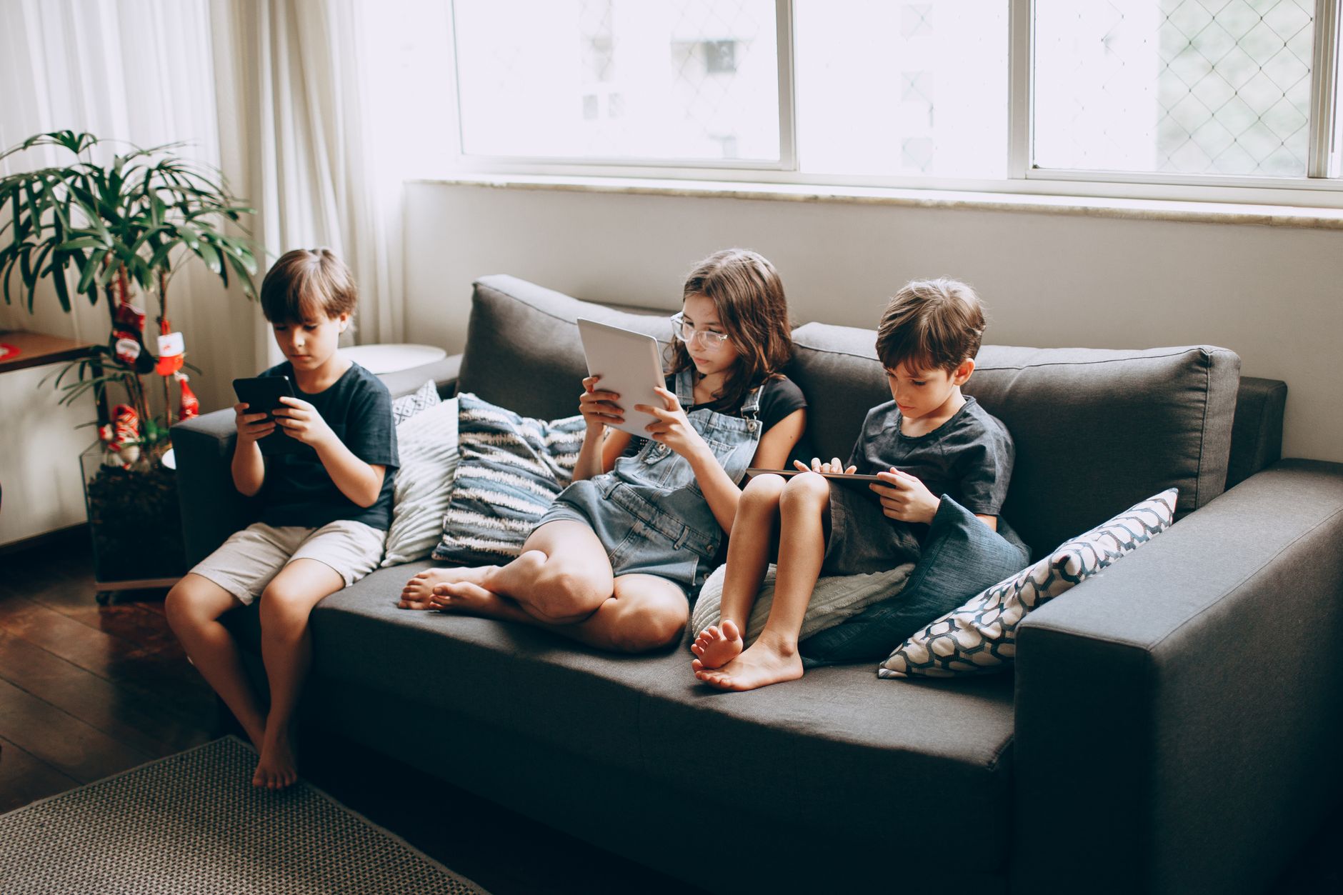 Family using wireless devices at home