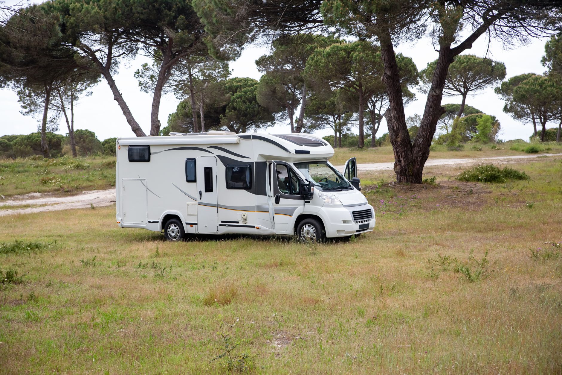 A campervan in the countryside illustrating Starlink internet for RV and motorhome travel.