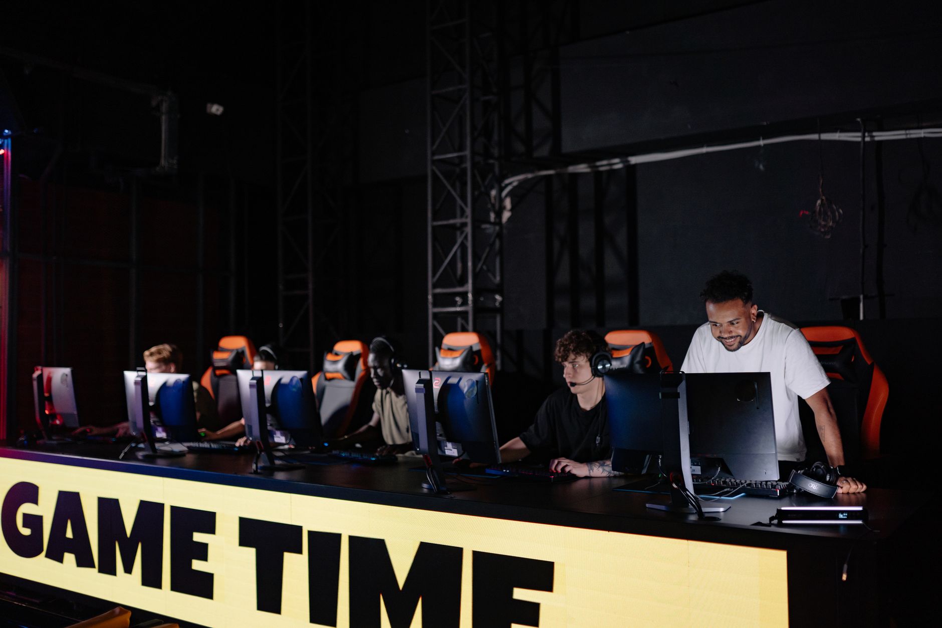 Competitive esports team playing a live online game