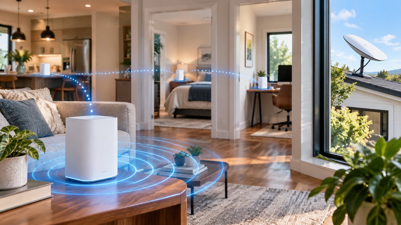 Starlink router and mesh Wi-Fi nodes extending wireless coverage through a modern home