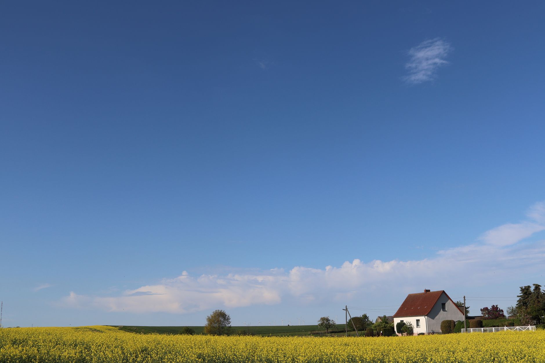 Rural house beside an open field under a blue sky